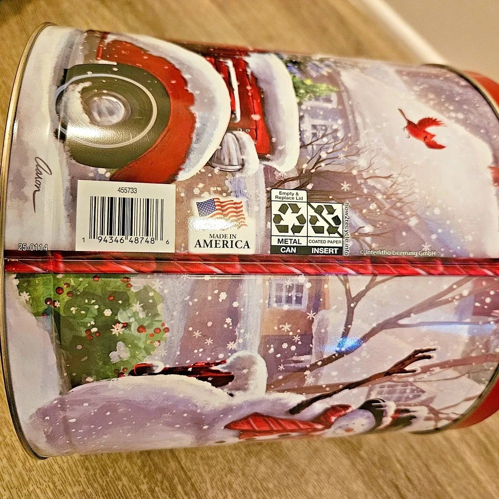 holiday seasonal container Tin Christmas Winter Snow Village Signed Aaron